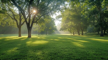 Obraz premium Sunlit Morning Mist in a Lush Green Park with Majestic Trees