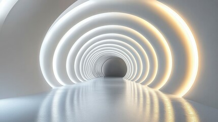 Obraz premium Modern abstract architectural design with white arches, sunlight illuminating the space and casting intricate light patterns on the glossy floor, highlighting a futuristic and clean aesthetic.