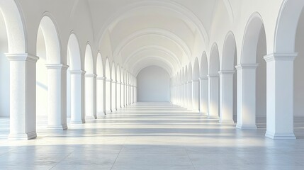 Naklejka premium Empty space with rows of white arches and sunlight creating a play of light and shadow on the floor, offering a sleek, reflective, futuristic architectural style with ample room for creativity.