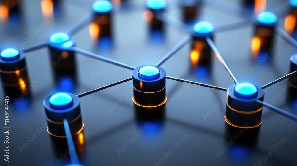 Poster abstract network connection nodes glowing with blue and orange lights.