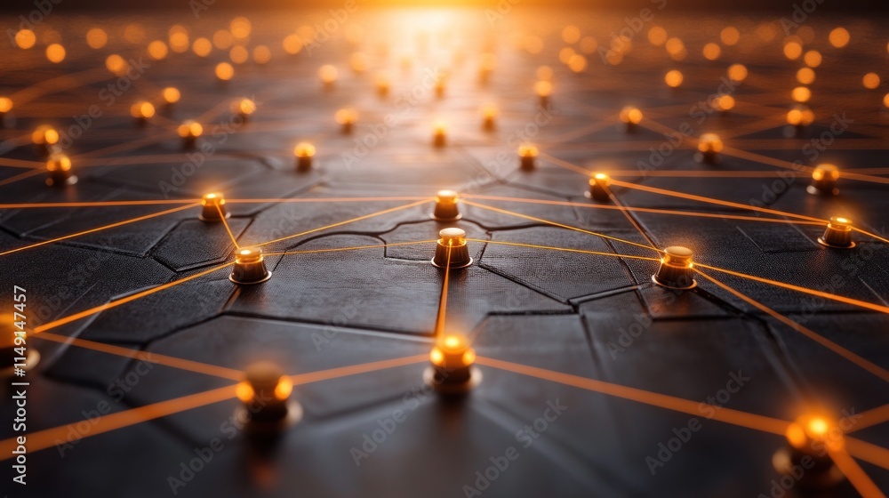 Poster abstract network connection nodes glowing on dark surface.