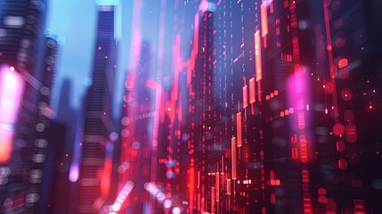 Fototapeta premium Futuristic Cityscape with Red and Blue Neon Lights and Data Overlay