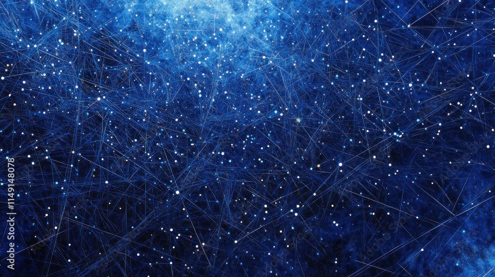 Poster abstract network of interconnected lines and points, deep blue color scheme, glowing effect.