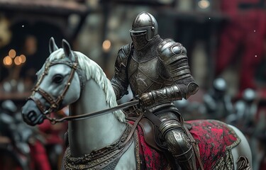 Fototapeta premium Participating in a mediaeval jousting tournament, a valiant and historically significant event, is a figure in full armour mounted on a white horse.