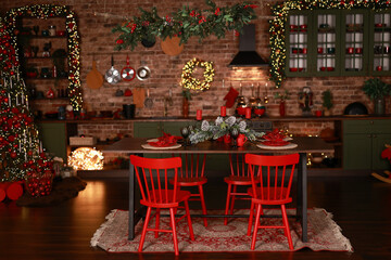 Christmas decorations lights. Modern New Year's decor. Christmas trees with garlands and gifts.