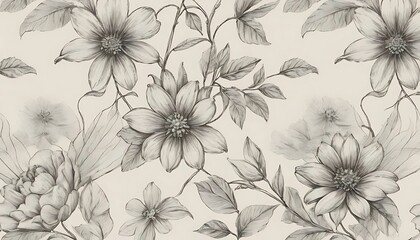 Obraz premium Elegant Monochrome Floral Pattern Design Featuring Delicate Flowers and Leaves