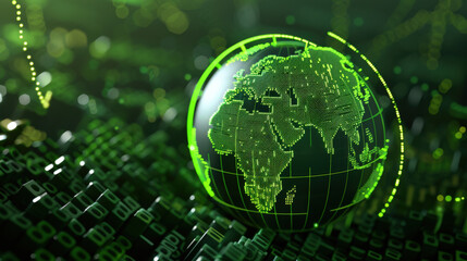 Futuristic Digital Globe Showcasing Africa with Binary Code Overlay in Vibrant Green Colors Representing Technology and Connectivity in Modern World
