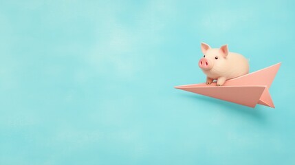 Piggy Bank on Paper Airplane Symbolizing Financial Growth and Creative Savings Concept on Sky Blue Background in Minimalist Art Collage Style
