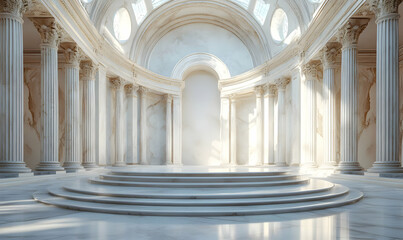 A grand, circular hall with marble columns and steps, illuminated by soft light.
