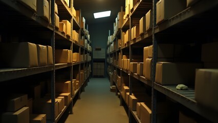 Obraz premium A warehouse interior with shelves full of neatly arranged packages