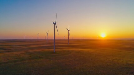 Obraz premium Sunset over wind farm: tall turbines dotting serene landscape during golden hour