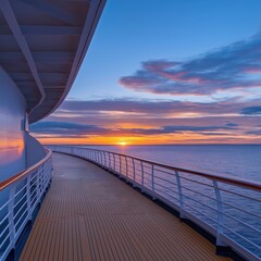 Obraz premium Sunrise over Baltic Sea from cruise ship deck. Stunning colors on horizon. Wooden deck, railing provide perfect spot to watch sunrise. Ocean view. Peaceful atmosphere. Cruise ship. Vacation on ship.