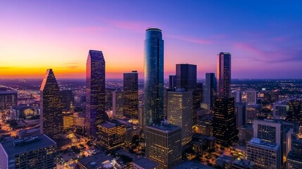 Houston skyline at sunset with colorful evening sky and illuminated skyscrapers