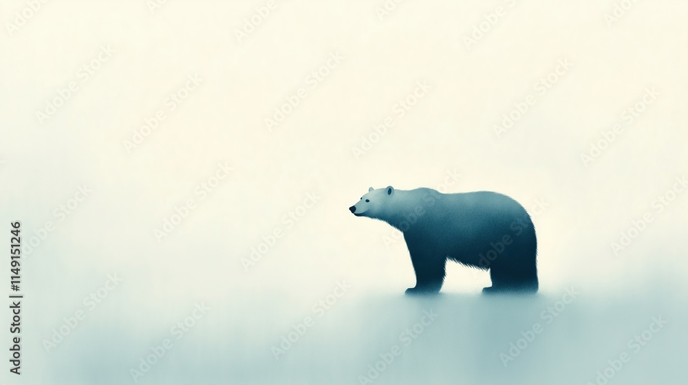 Poster polar bear standing on ice in minimal arctic backdrop with soft focus and ambient light highlighting
