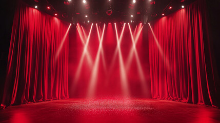 Bright stage lights cast an enchanting glow on red velvet curtains. 