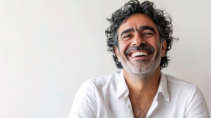 Fototapeta premium Joyful Middle Eastern Man with Curly Hair Smiling in White Shirt