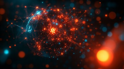 Connection structure with mesh lines and geometric shapes, rendered in 3D to represent the flow of information and connectivity in scientific and technological contexts.