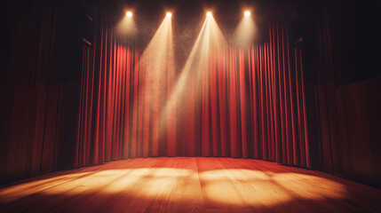 Spotlights illuminate an empty stage in a theater before a performance begins. 