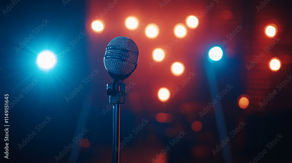 Poster microphone on stage illuminated by colorful lights during a live performance.