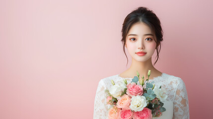 young woman in white dress holds bouquet of flowers against pink background, exuding elegance and grace. Her soft expression complements romantic setting.