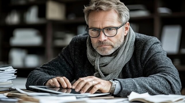 A professional man deeply focused on his work while using a tablet in a well-organized home office, showcasing his dedication and concentration on the task at hand.