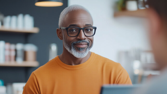 smiling man with gray hair and glasses, wearing orange shirt, engages in conversation at modern cafe. His friendly demeanor creates warm atmosphere.