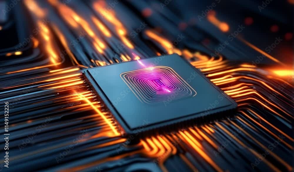 Poster explore the intricate design of a modern microchip with vibrant circuitry in stunning 4k resolution