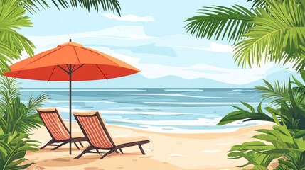 Fototapeta premium Tropical beach scene with two lounge chairs and an orange umbrella.