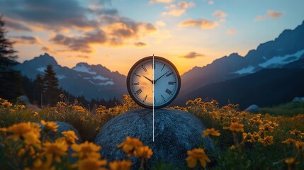 Split image shows day, night sides of clock placed on rock in yellow flowers with mountain...