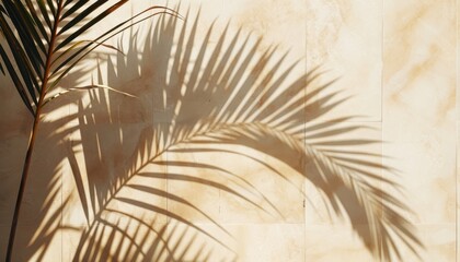 Obraz premium Sun-drenched palm leaf shadows dance across the textured surface of a tiled wall, creating a serene, minimalist composition filled with light and natural forms,