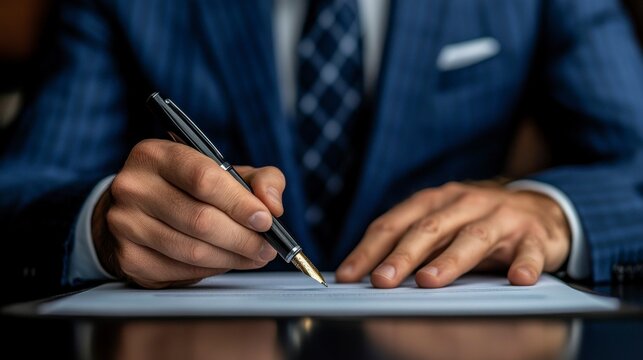 A businessman signing an important investment contract with a pen on a professional document, captured in close-up to highlight the significance of the agreement.