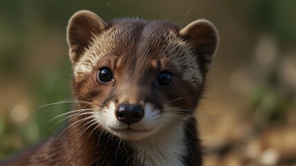 Close-up of a weasel-like animal, face forward, with large, expressive eyes, soft fur, and a curious expression.