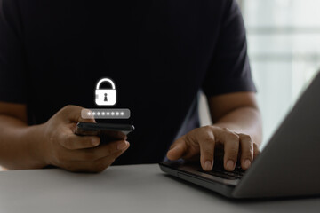 Business Technology Security Concept. Businessman use the smart mobile phone to access on smartphone to validate password for biometric two-step authentication, unlock security. OTP one-time password.