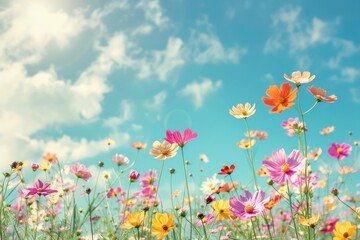 Fototapeta premium Flowers, nature, vibrant colors, blue sky, summer serenity, peaceful landscape, blooming petals, fresh air, sunny day, outdoor beauty A field of colorful flowers blooms against a backdrop of a clear