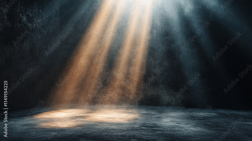 Poster light rays penetrate dark space creating ethereal atmosphere in abandoned area.