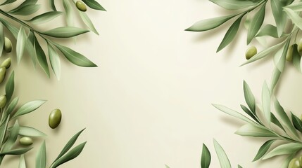 A serene background featuring olive branches and fruits, ideal for culinary or wellness themes.
