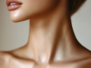 Close-up view of smooth elegant neck. Natural skin tones, contours highlighted. Soft light enhances skin texture, warmth. Woman neck, upper body. Beautiful graceful detail. Intimate, personal photo.