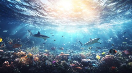 Obraz premium Two sharks swim over vibrant coral reef, sunlit ocean.