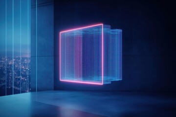 Neon glowing hologram visualises future building. Interactive design shows skyscraper project. Virtual reality tech for architecture. Modern urban concept. Futuristic city planning presented