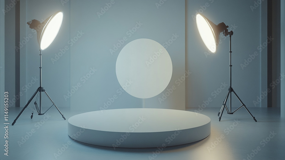 Poster empty display stage with studio lights in a modern interior setting.