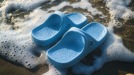 Naklejka premium Pair of beach-ready rubber sandals, light blue, durable soles 