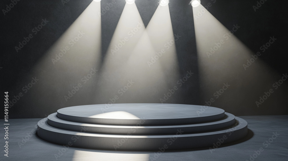 Poster spotlight shines on a circular stage in a dimly lit performance space.