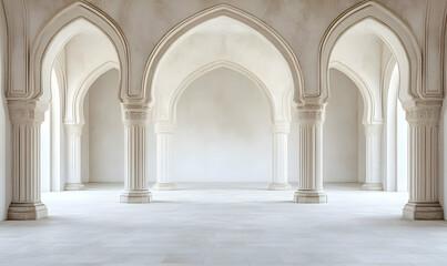 Naklejka premium A serene interior featuring arched columns and a minimalist design.