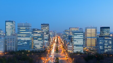 City skyline at twilight, illuminated streets and skyscrapers.