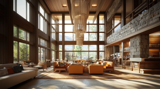 Mountain lodge-style hotel with large windows, natural wood elements, rustic yet modern architecture, 3D model 
