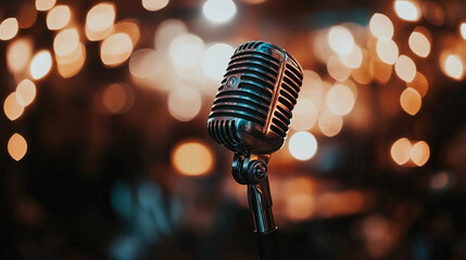 Vintage microphone shining brightly in a music venue with festive lights. 