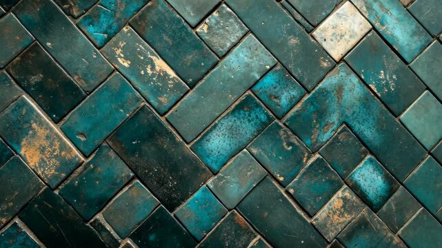 Textured teal and dark tiles arranged in a herringbone pattern, showcasing wear and character in a rustic setting
