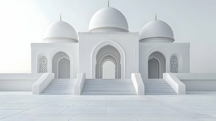 A serene white architectural structure with domes and arches, set against a light background.