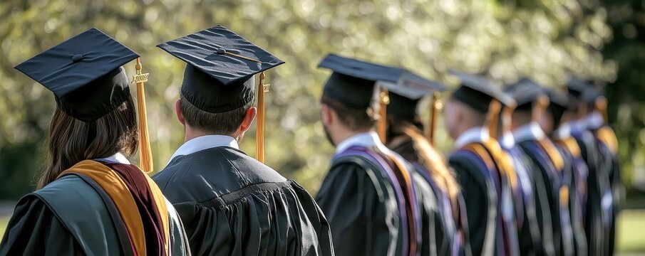 Graduates stand in line at formal ceremony. Wear academic regalia with caps, gowns. Students ready for graduation day. Celebratory atmosphere surrounds academic achievement. Scene suggests university