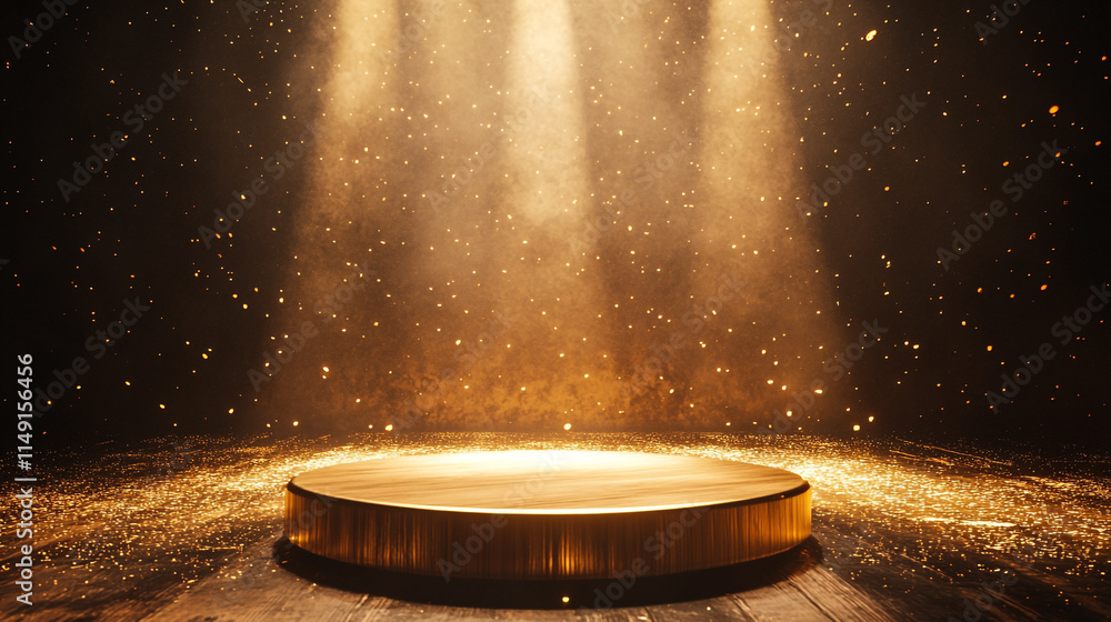 Poster spotlight illuminating an empty stage with sparkling dust in the air.